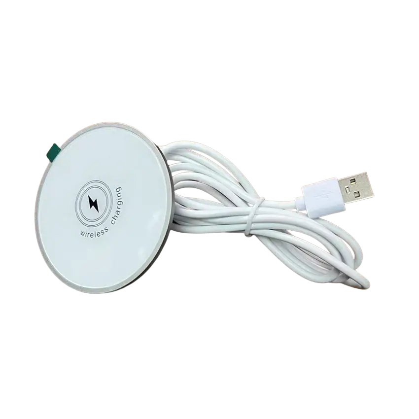 White wireless charger 15w magnetic desktop fast charging pad with silver zinc alloy base and engraved wireless charging logo