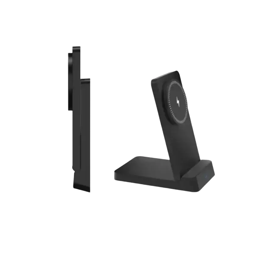 Black wireless charger 15w magnetic foldable phone stand with circular charging pad and subtle lightning bolt emblem for wireless charging