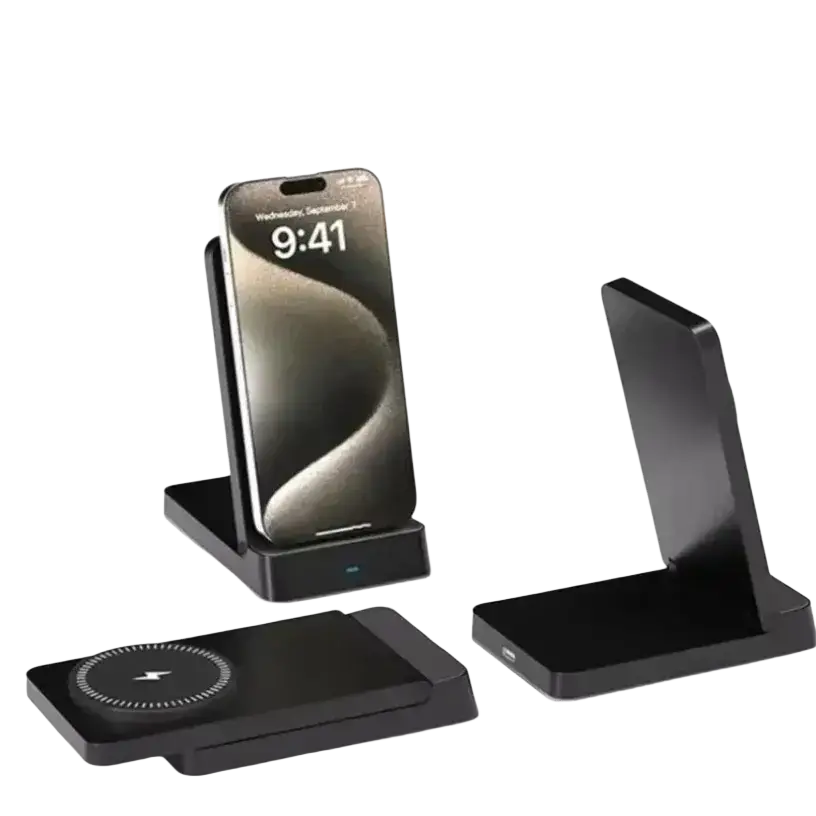 Black wireless charger 15w magnetic foldable phone stand with sleek design and blue indicator light for wireless charging