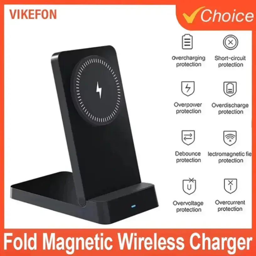Black vikefon fold 15w magnetic wireless charger with circular pad and white lightning bolt for wireless charging