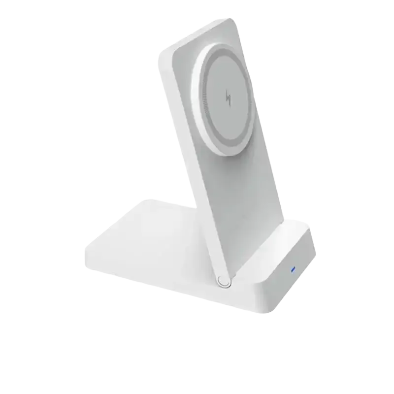 White wireless charger with magnetic ring featuring a circular pad and lightning bolt icon for 15w wireless charging