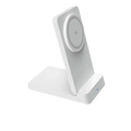 White wireless charger with magnetic ring featuring a circular pad and lightning bolt icon for 15w wireless charging