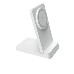 White wireless charger with magnetic ring featuring a circular pad and lightning bolt icon for 15w wireless charging
