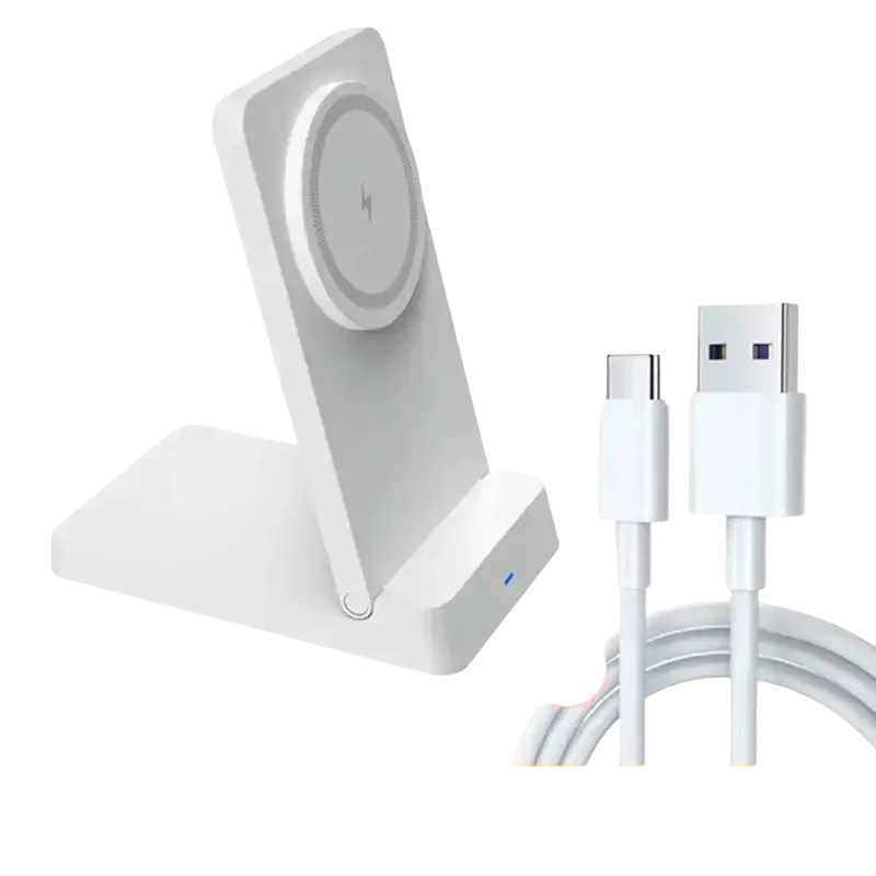 White wireless charger 15w magnetic foldable phone stand with circular magnetic ring pad and matching usb-c to usb-a cable