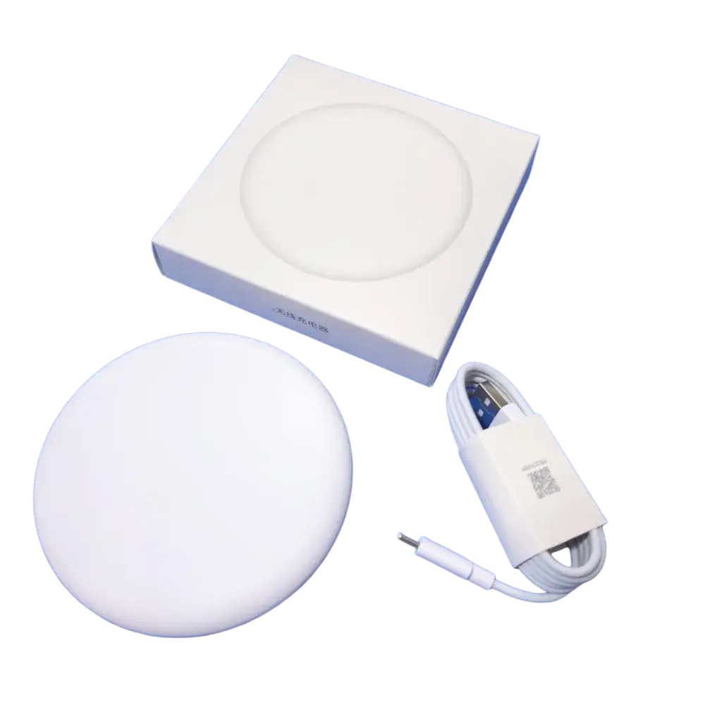 White circular wireless charger 20w fast charge pro max with matching packaging and coiled usb-c cable for xiaomi