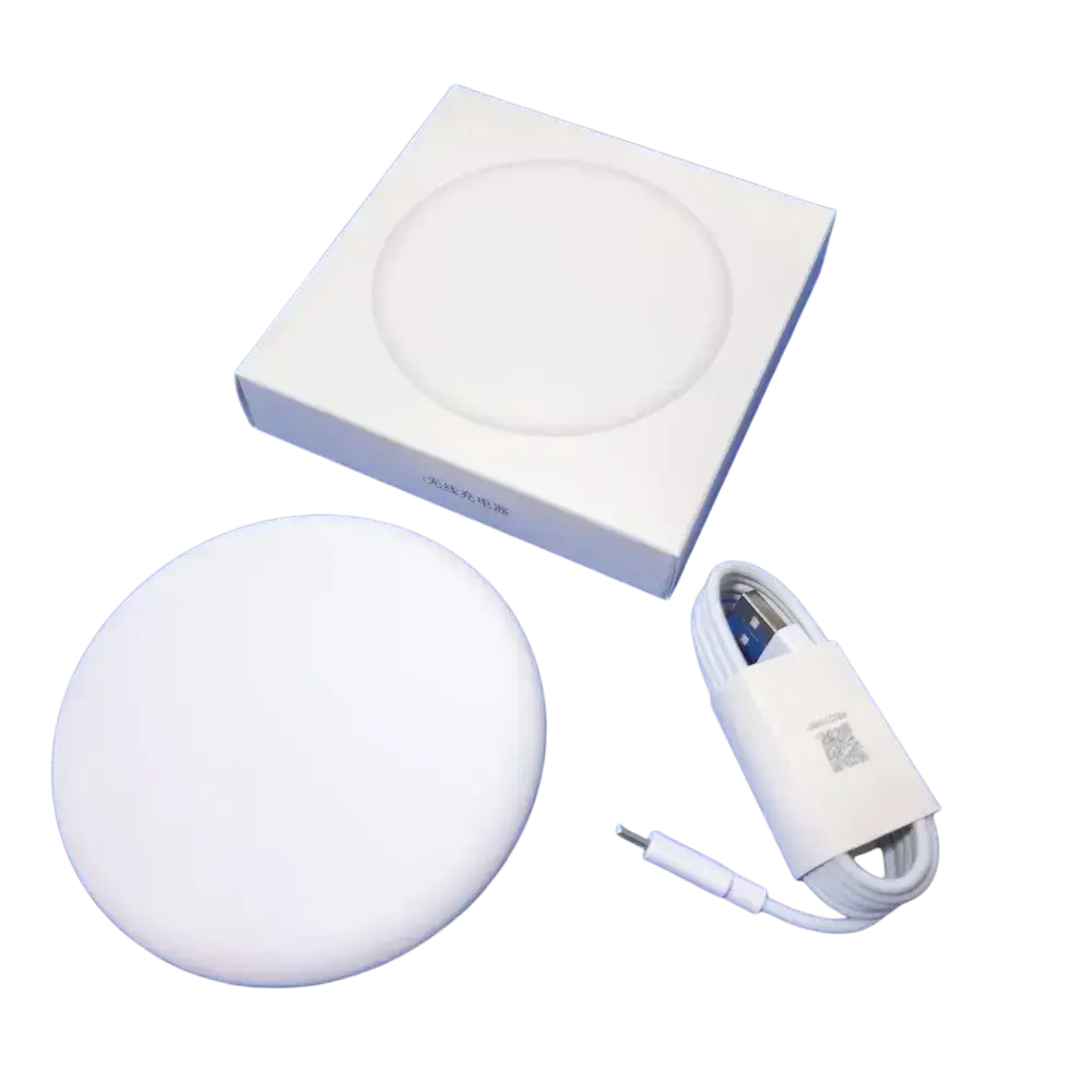 White circular wireless charger 20w fast charge with matching box and cable for Xiaomi pro max devices