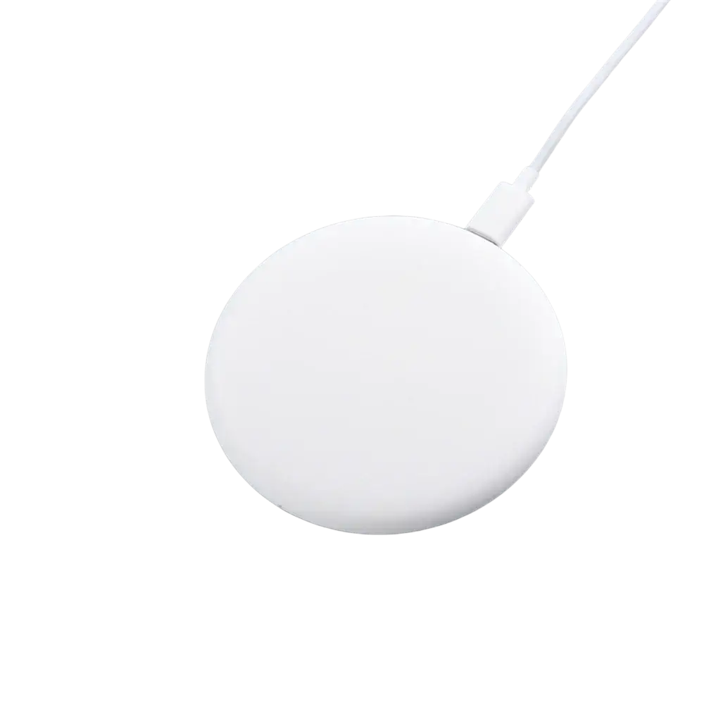 White circular wireless charger with smooth matte finish and white cable fast charge for Xiaomi pro max
