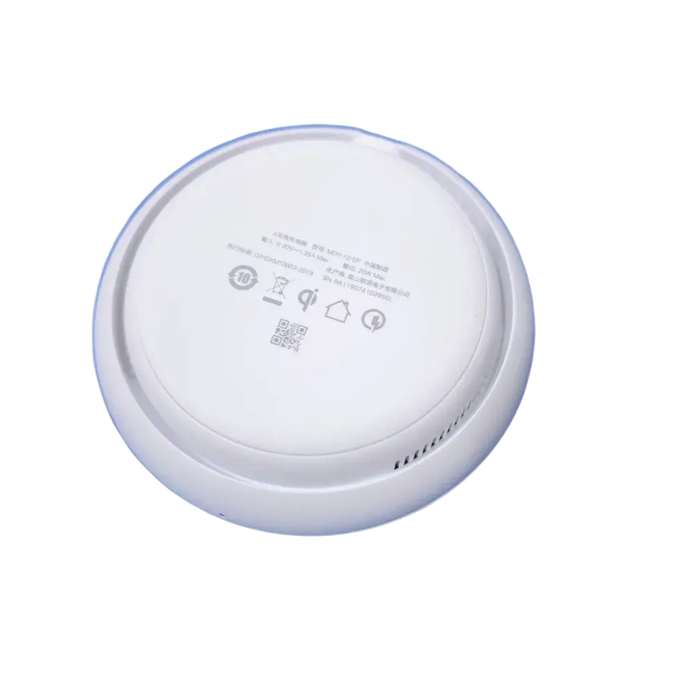 White circular smoke detector showing underside labels as part of wireless charger 20w fast charge pro max for xiaomi
