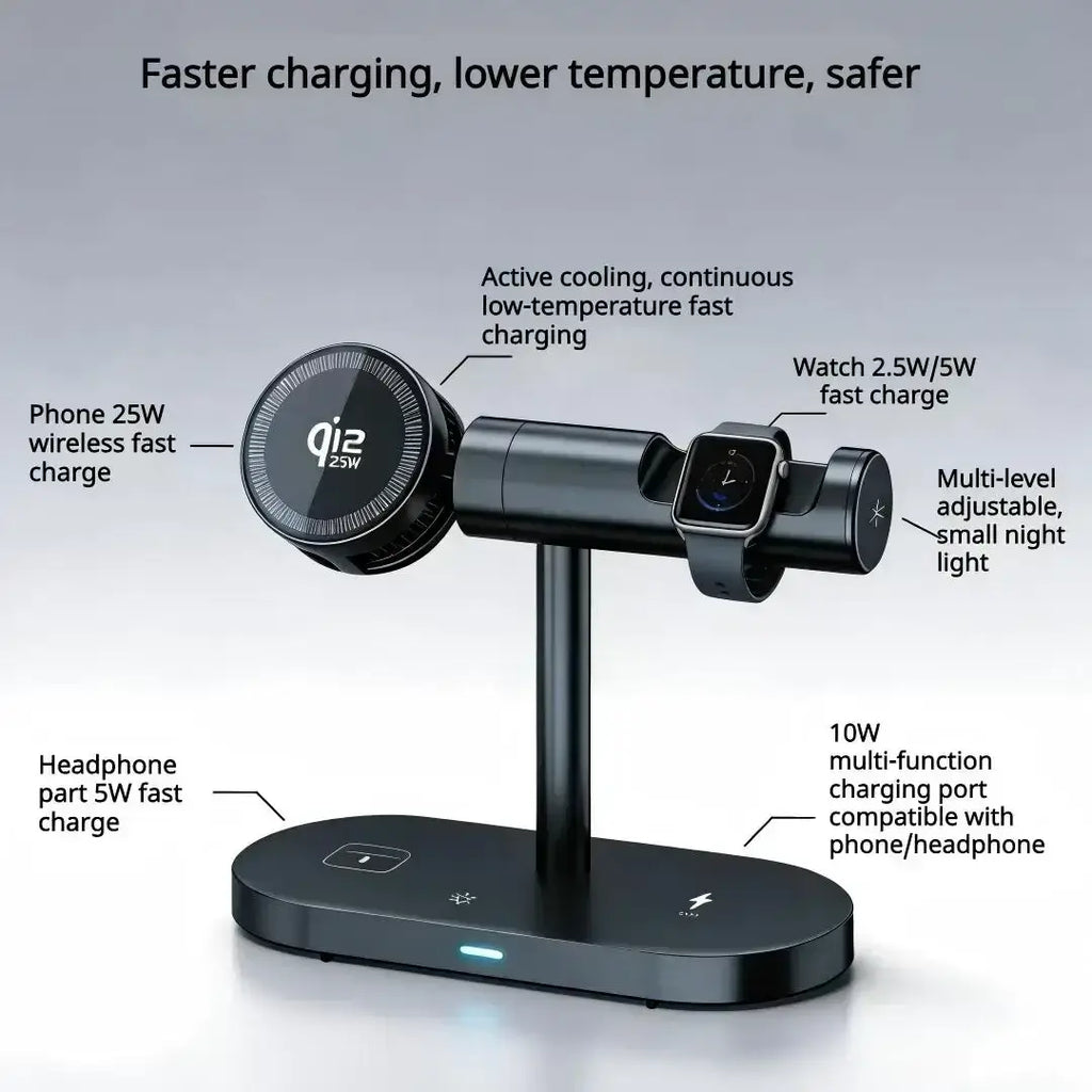 Black matte wireless charger 25w 7-in-1 fast charge stand with qi2 phone charger watch fast charge port and headphone slot