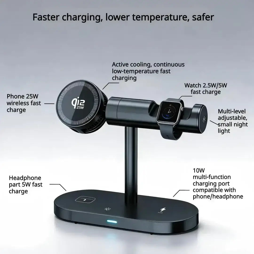 Black matte wireless charger 25w 7-in-1 fast charge stand with qi2 phone charger watch fast charge port and headphone slot