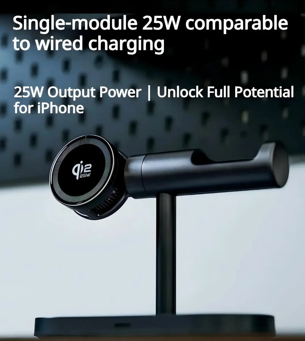 Black matte-finish qi2 25w wireless charger fast charge stand with sleek minimalist design for quick charge use