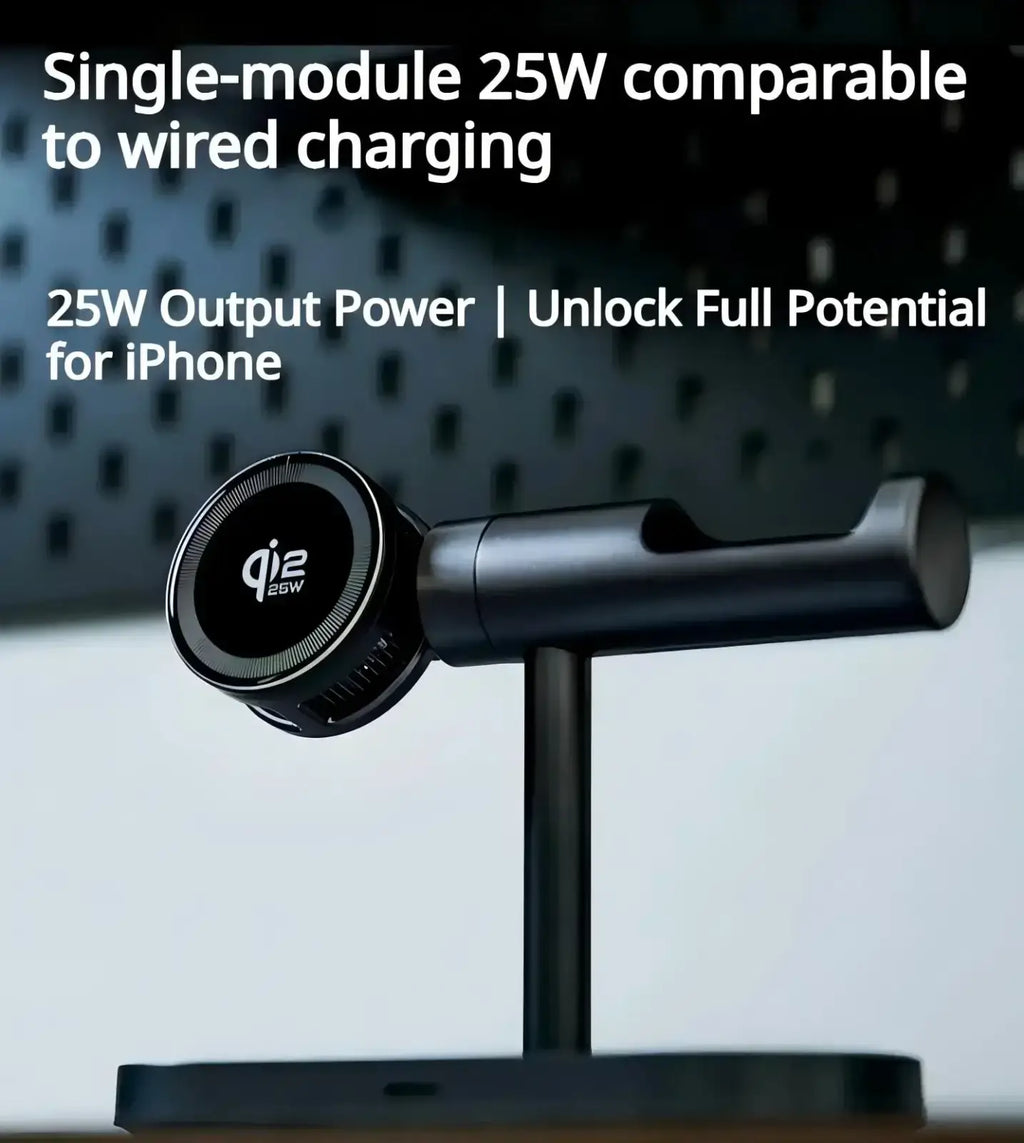 Black matte-finish qi2 25w wireless charger stand with sleek minimalist design for fast charge and quick charge use