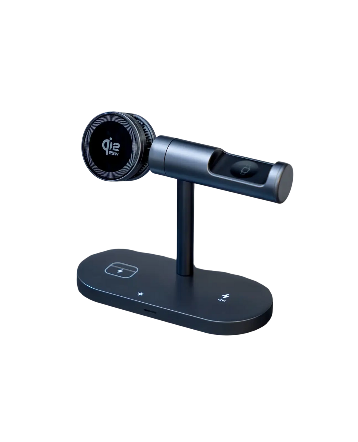 Dark gray metallic wireless charger 25w fast charge stand with qi2 logo and integrated earbuds slot for quick charge