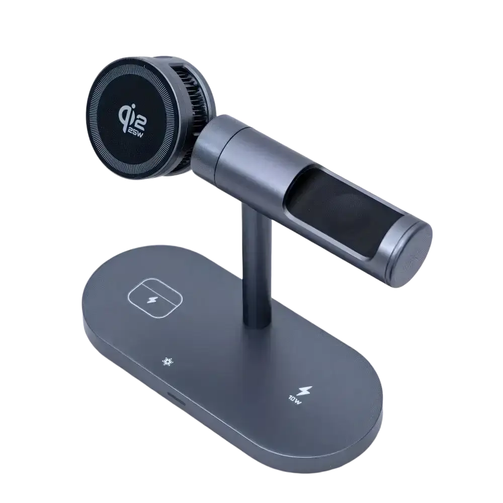 Modern matte black qi2 25w fast charge wireless charger stand with sleek cylindrical design and magnetic phone holder