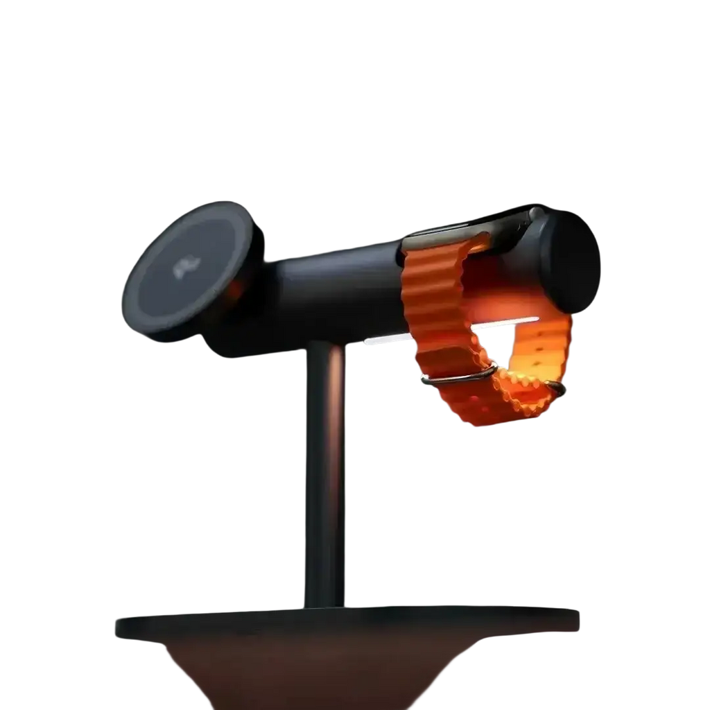 Orange silicone watch band with metallic clasp on black wireless charger 25w 7-in-1 fast charge stand