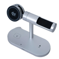 Silver 7-in-1 wireless charger stand with circular qi2 25w fast charge pad and iphone slot in sleek metallic design