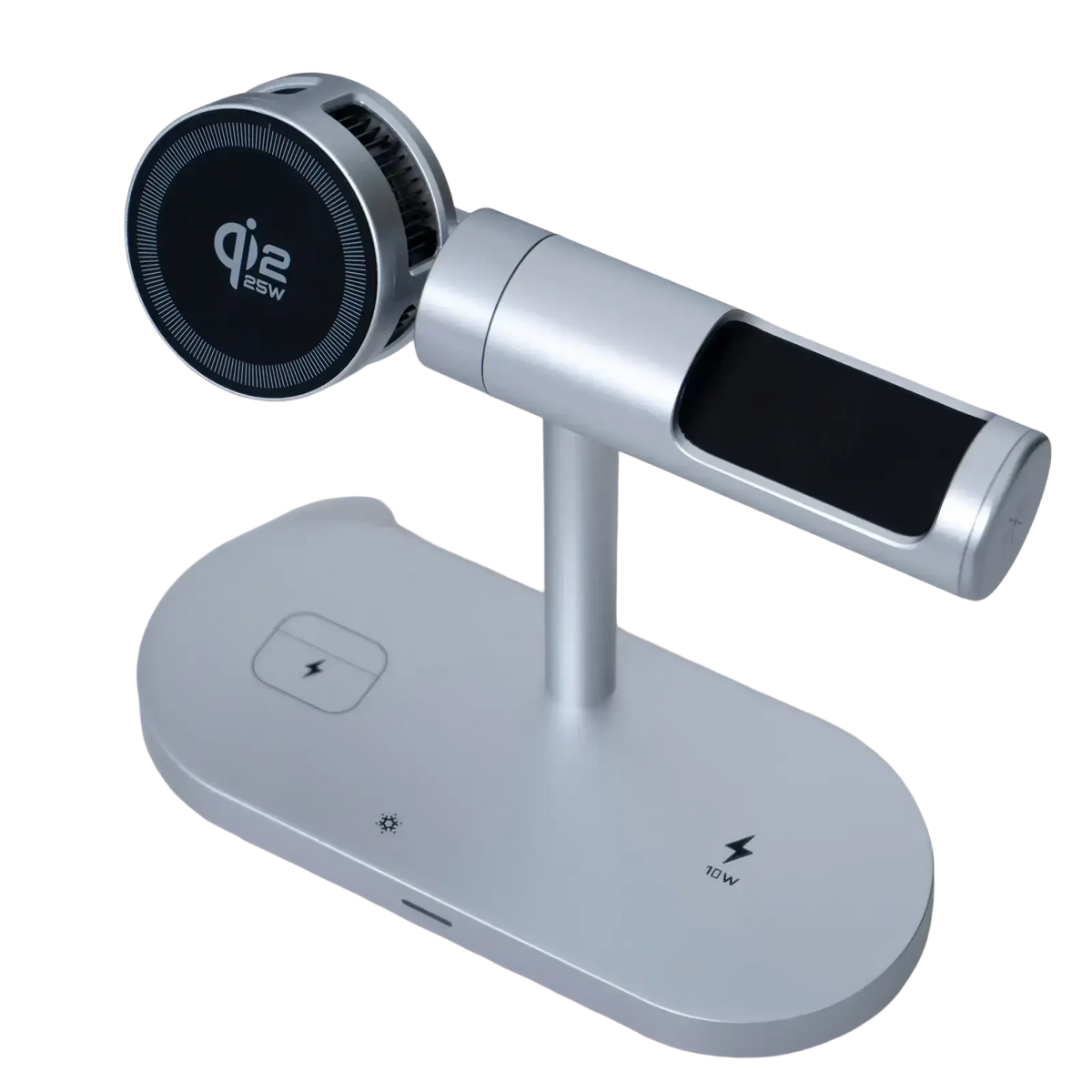 Silver metallic wireless charger 25w fast charge stand with circular qi2 charger head and integrated display screen