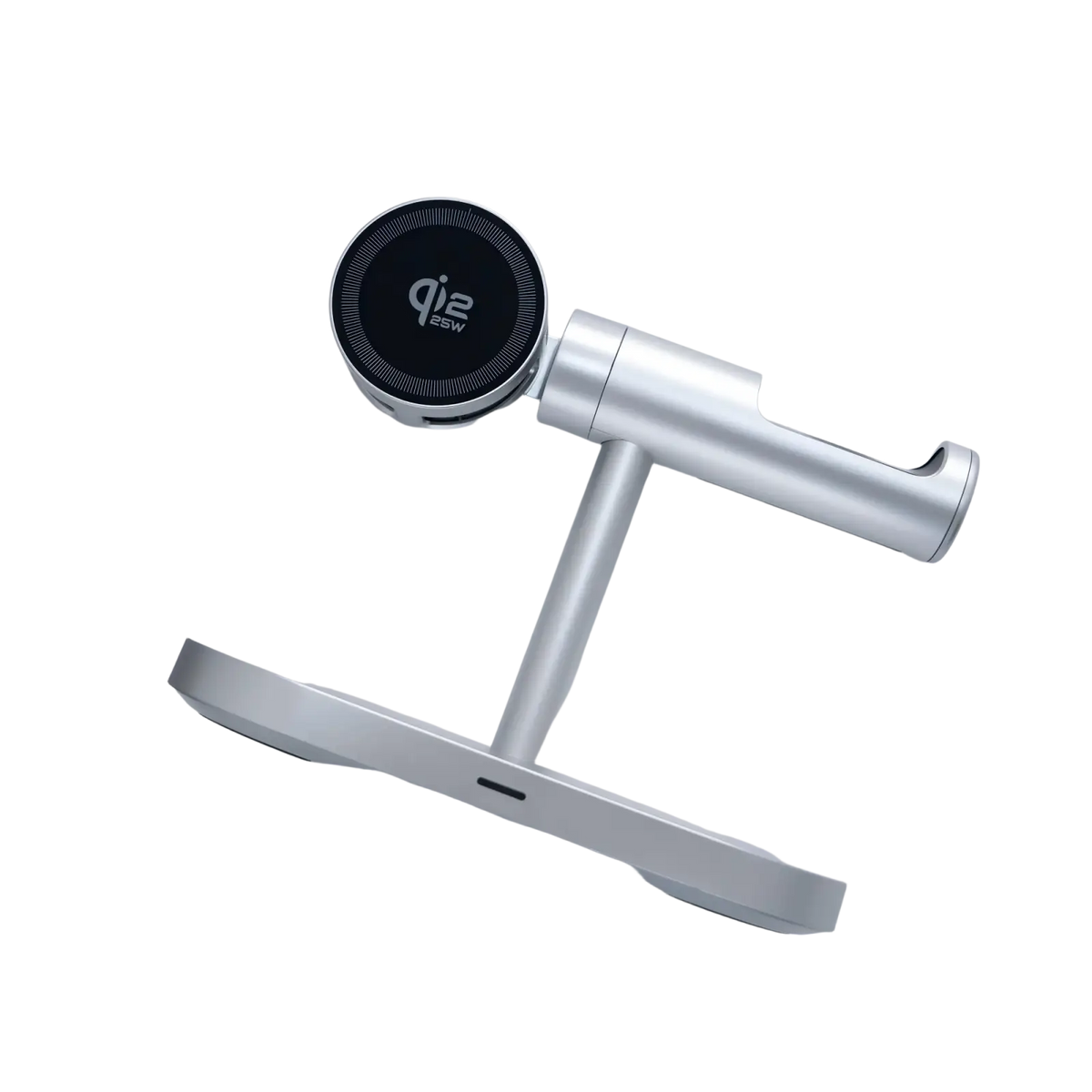 Silver metallic qi2 25w wireless charger fast charge stand with sleek minimalist design and circular magnetic base
