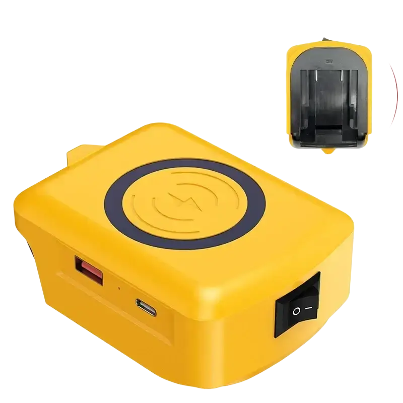 Bright yellow wireless charger adapter with black induction symbol and multiple usb ports for 18v lithium batteries