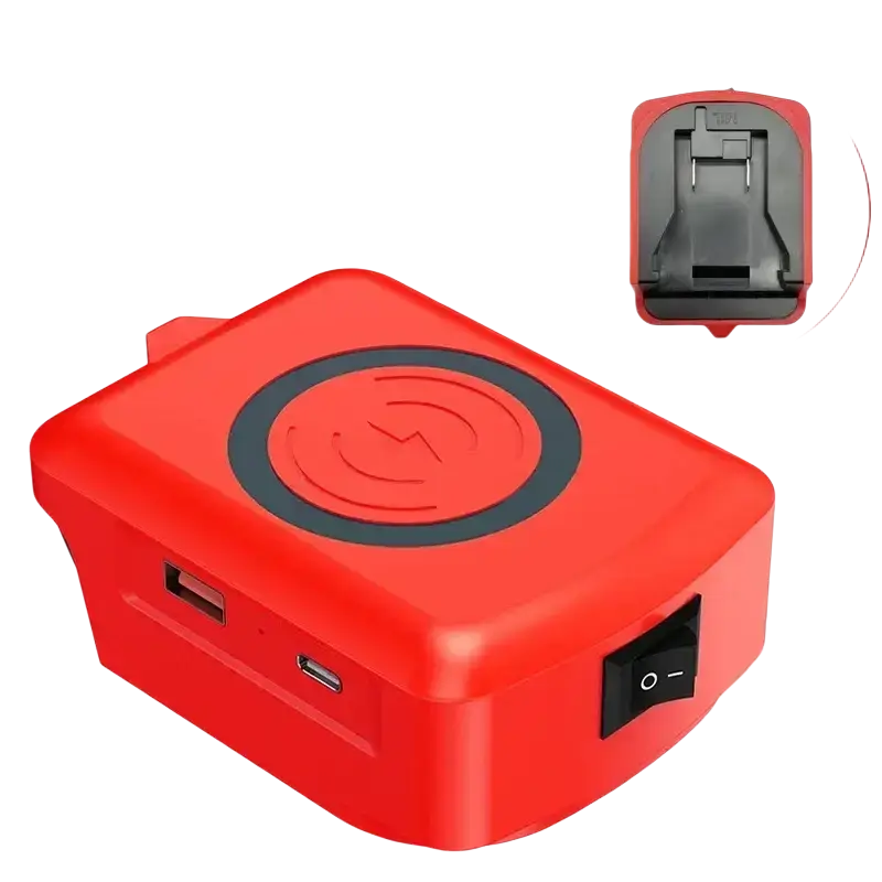 Red rectangular wireless charger adapter with black circular charging pad and usb ports for 18v lithium batteries