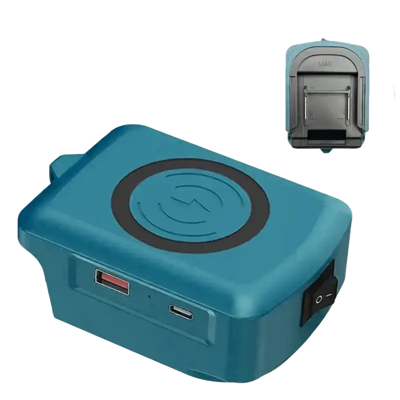 Teal wireless charger adapter with circular charging pad and multiple usb ports for 18v lithium batteries