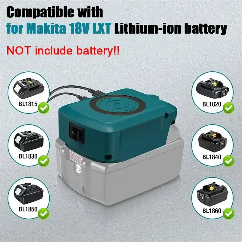 Teal and gray makita 18v lxt wireless charger adapter with circular charging pad for lithium battery charging