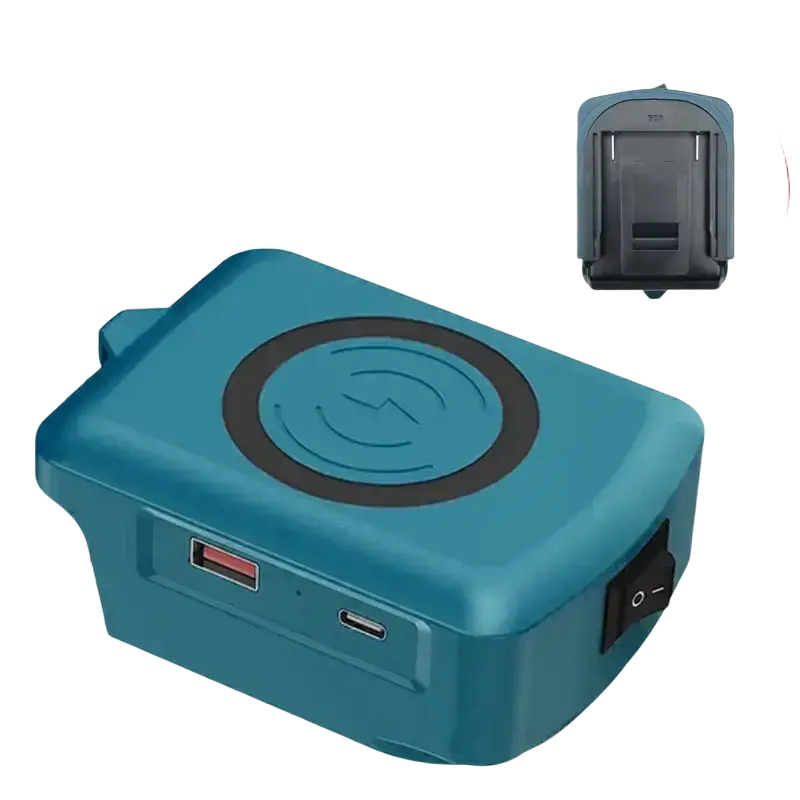Teal plastic wireless charger adapter with black circular coil design and dual usb ports for 18v lithium batteries