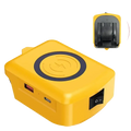Yellow rectangular wireless charger adapter with black circular charging pad and usb ports for 18v lithium battery charging