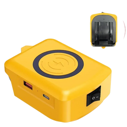 Yellow rectangular wireless charger adapter with black circular charging pad and usb ports for 18v lithium battery charging