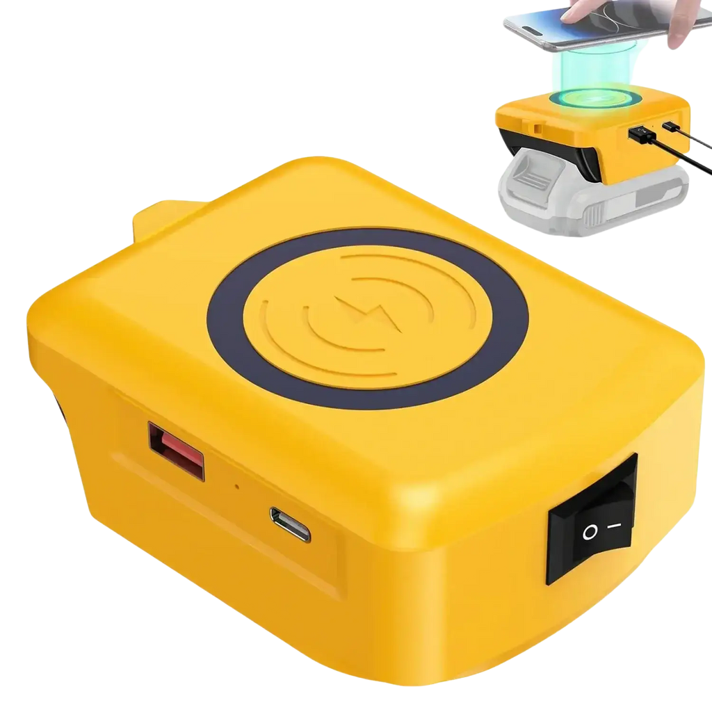 Bright yellow portable wireless charger adapter with black charging pad and usb ports for milwaukee 18v fast charging
