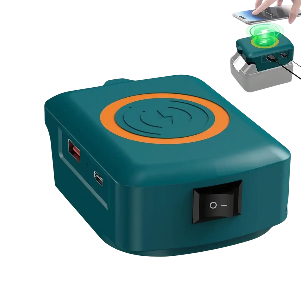 Teal wireless charger adapter with orange circular pad and black switch for Milwaukee 18v fast charging use