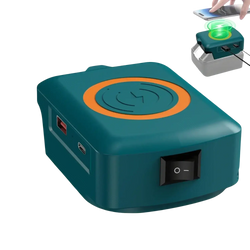 Teal wireless charger adapter with orange circular pad and black switch for Milwaukee 18v fast charging use