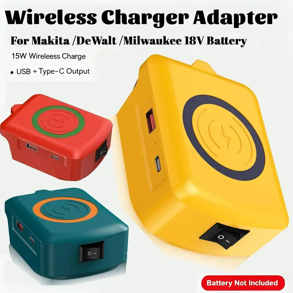 Yellow wireless charger adapter with circular pad and usb type-c ports for milwaukee 18v fast charging