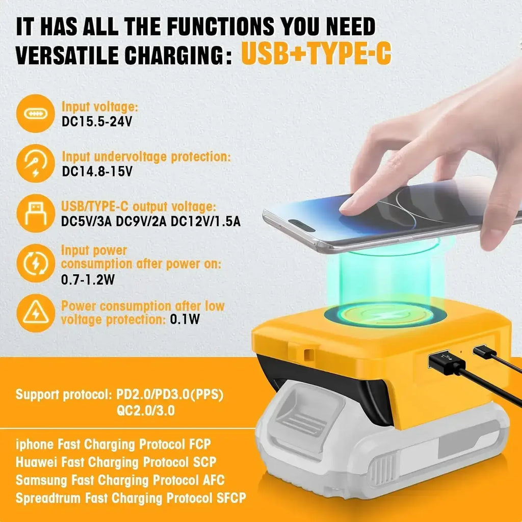 Yellow and black wireless charger adapter with usb-c port for milwaukee 18v fast charging using a power bank
