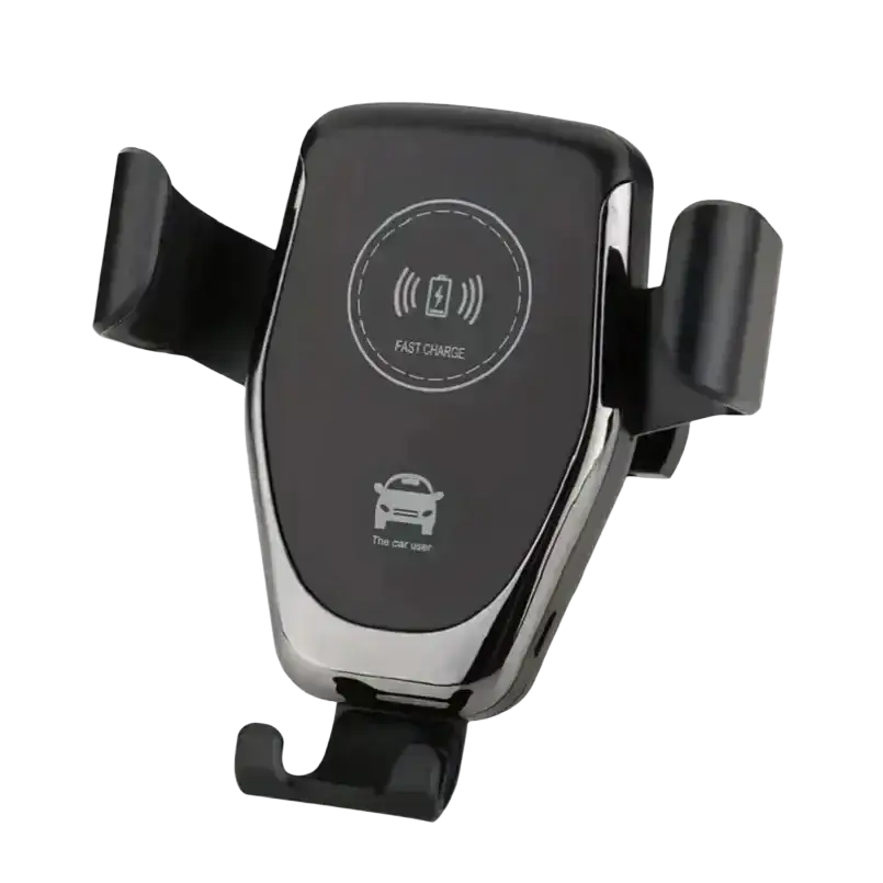 Black wireless charger air vent gravity car mount with chrome accents and sleek modern design for gravity car use