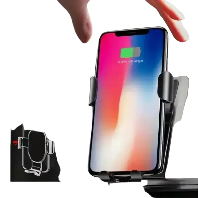 Black wireless charger air vent gravity car mount with adjustable clamps holding iphone x at 60 percent charge
