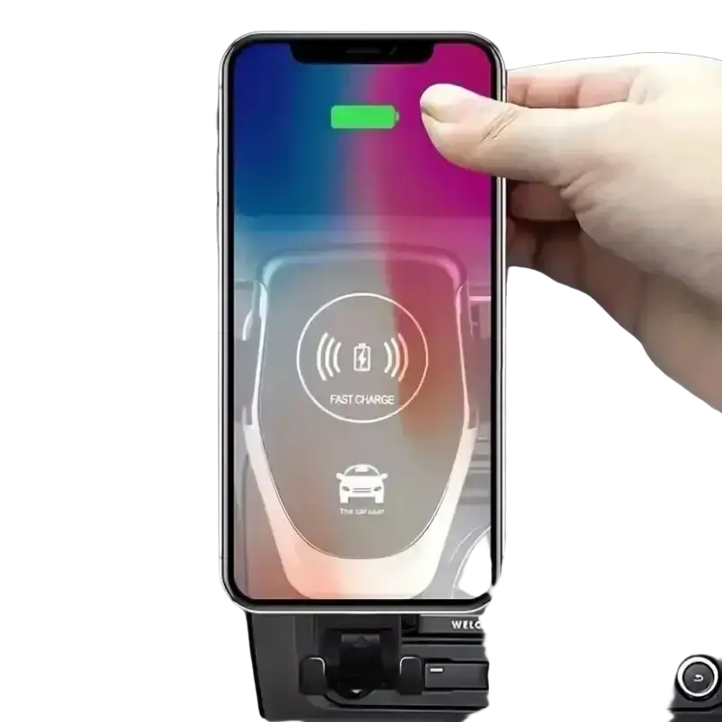 A sleek silver wireless charger air vent gravity car mount with minimalist design and built-in fast charge indicator