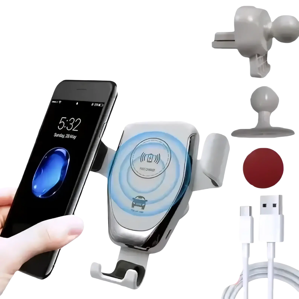White and silver wireless charger air vent gravity car mount with magnetic phone holder for gravity car use