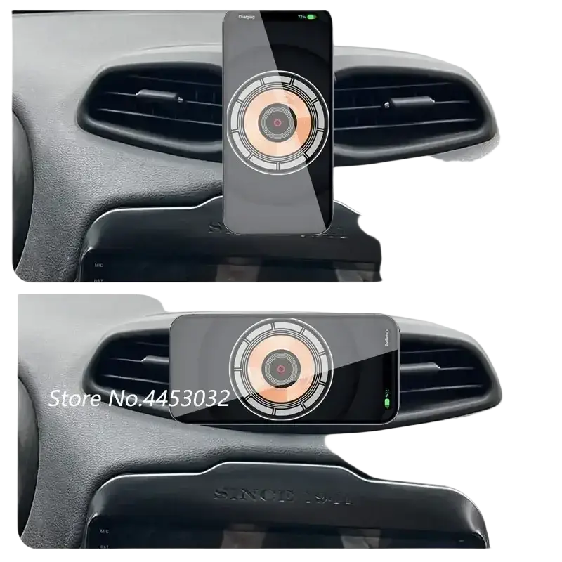 Wireless charger for Audi A6 C7 A7 4g8 with sleek black and silver design holding an iPhone using wireless charging function