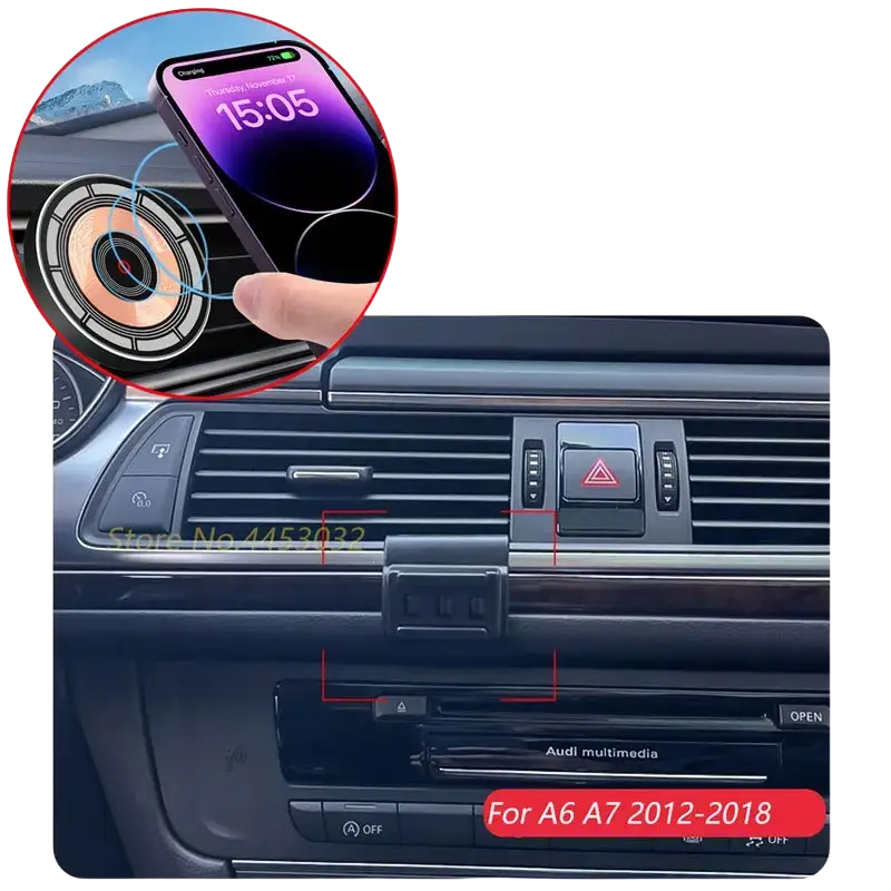 Black wireless charging car mount for Audi A6 C7 and A7 models with wireless charger function