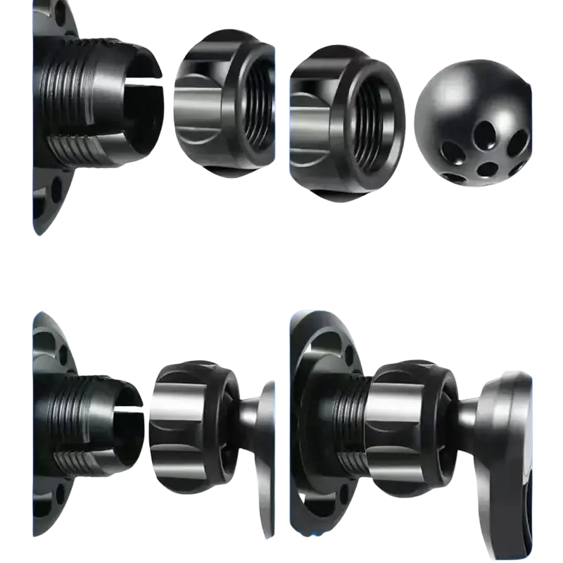 Black metallic ball-shaped showerhead attachment with threaded connections and perforations compatible with wireless charging function