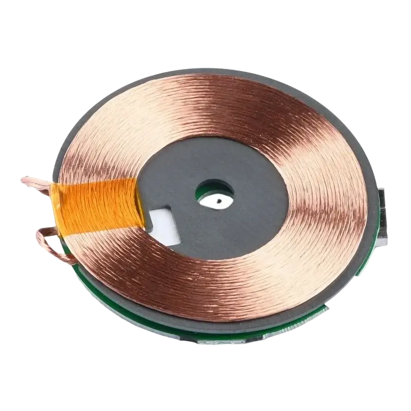 Circular copper wire coil on green circuit board with black center for 20w qi wireless charger board module