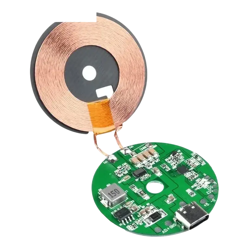 Wireless charger board 20w qi pcba module with copper coils and green circuit board featuring usb-c port and components