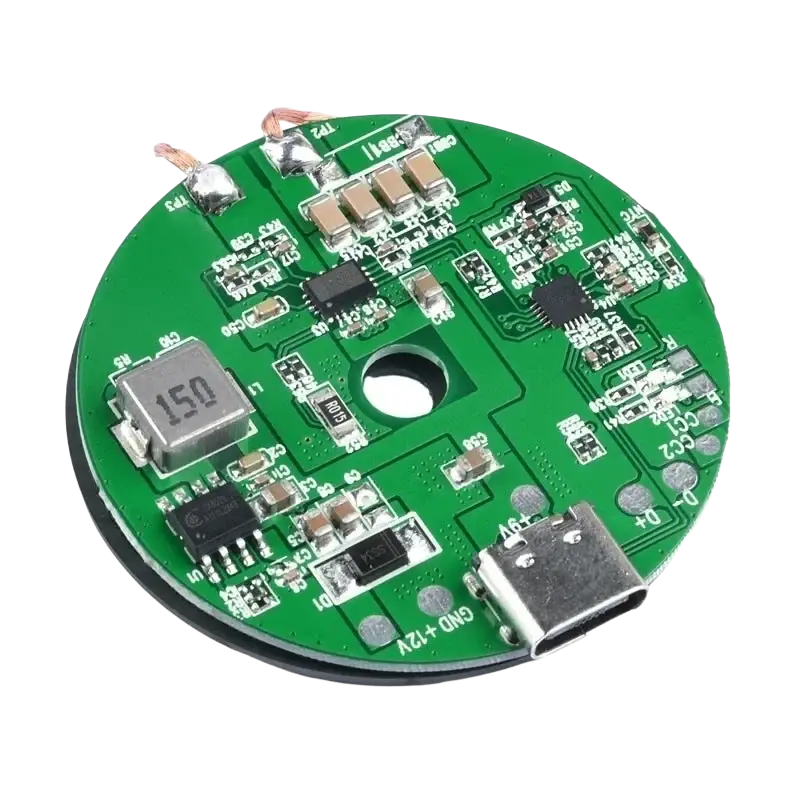 Green circular wireless charger board with usb-c port and electronic components for 20w qi wireless charger module