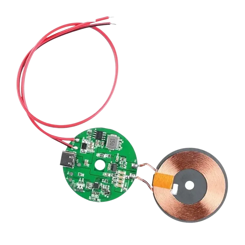 Green circular wireless charger board with copper coil and red wires branded yoinnovati for 20w Qi wireless charger module