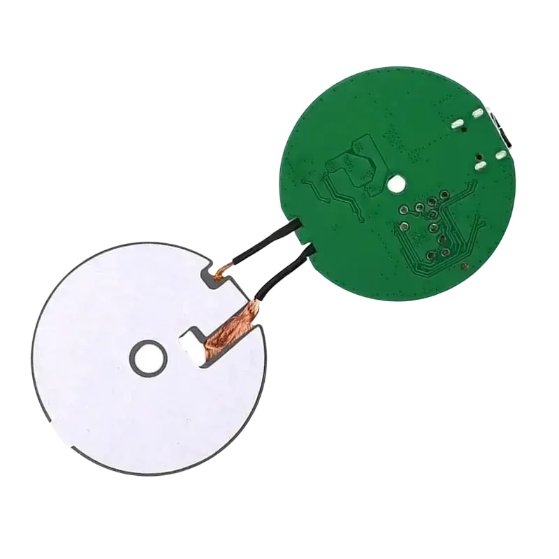 Green and white circular wireless charger board 20w qi pcba module connected by black wires showing charger board design