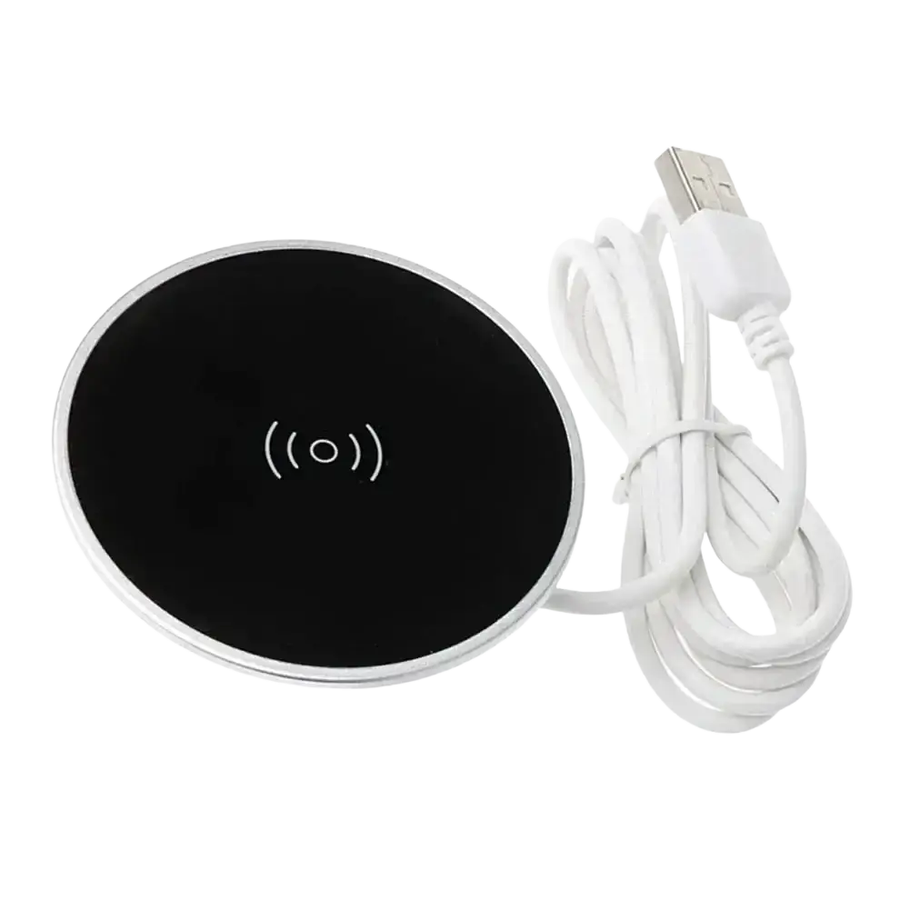 Black wireless charger with aluminum alloy silver rim and white usb cable for flush mount wireless fast charging
