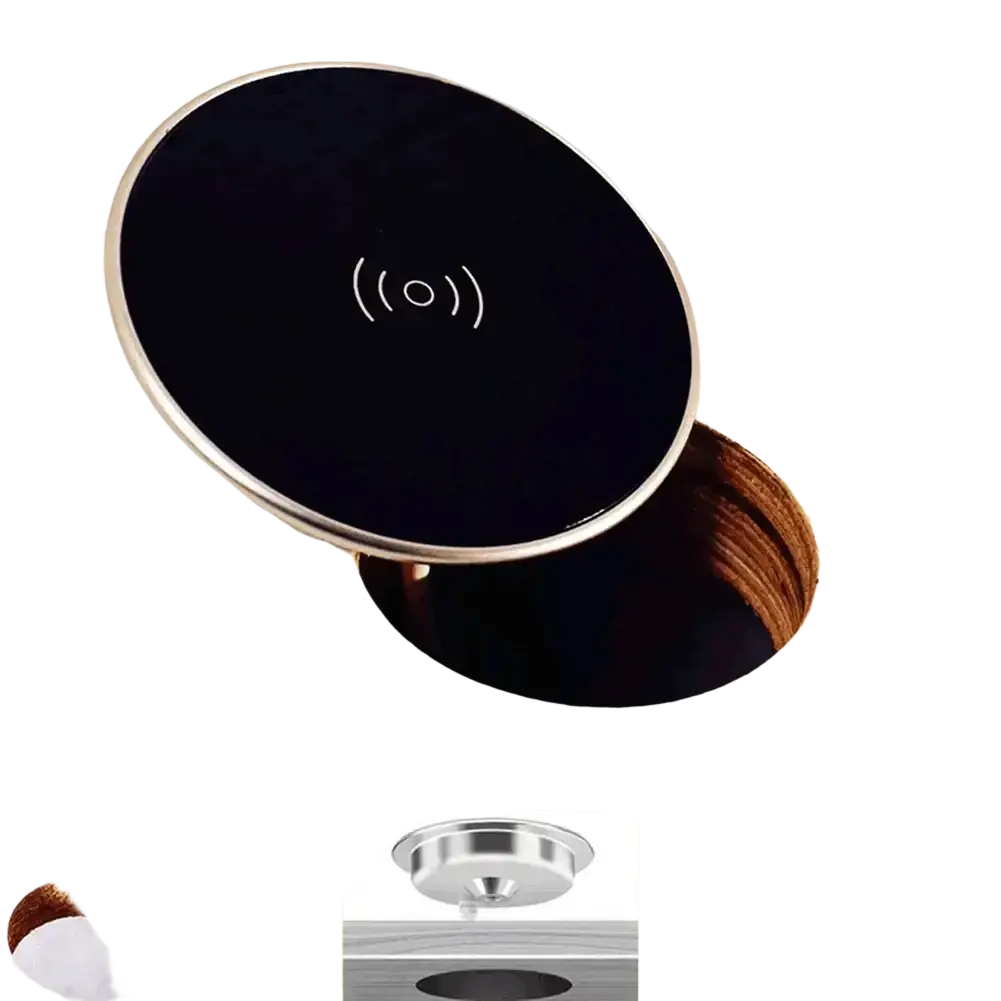 Black circular wireless charger with aluminum alloy silver rim and wood-grain flush mount wireless charging pad