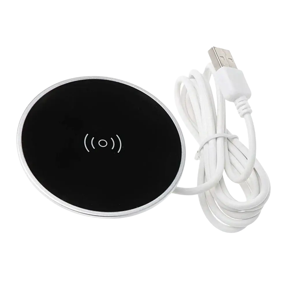 Black circular wireless charger with silver metallic rim and white usb cable built-in desktop fast charging pad