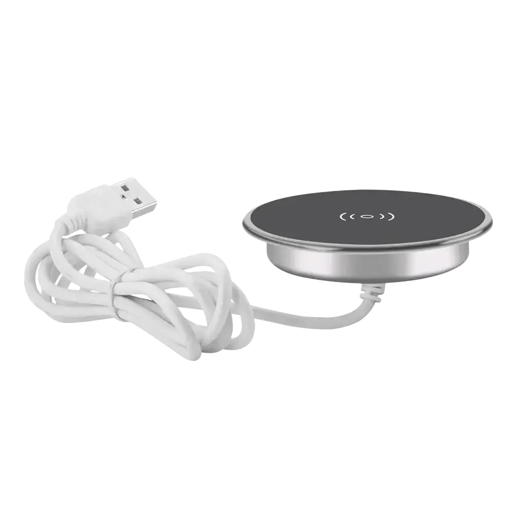 Silver-framed wireless charger aluminum alloy flush mount wireless desktop fast charging pad with black surface and usb cable